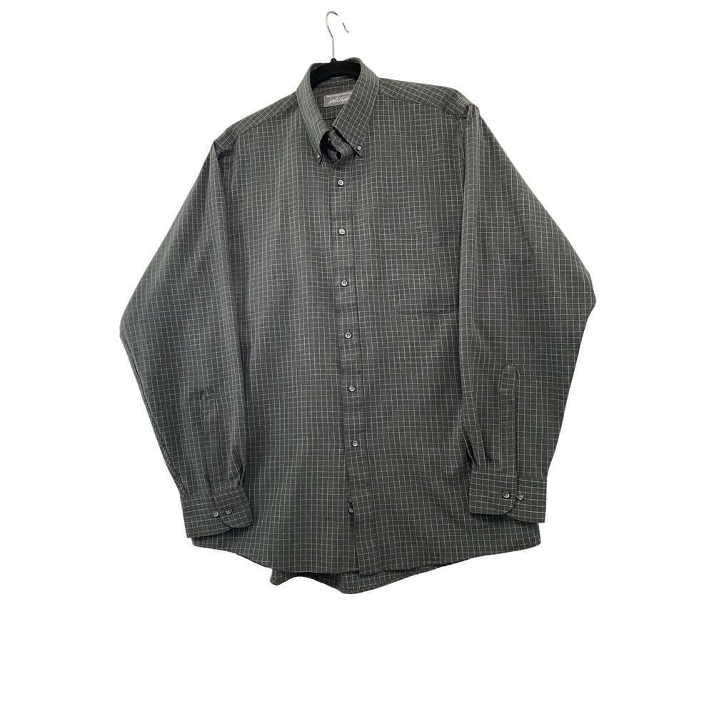 Lord & Taylor Button‎ Down Shirt Mens 16 34/35 Gray Windowpane Plaid Long Sleeve